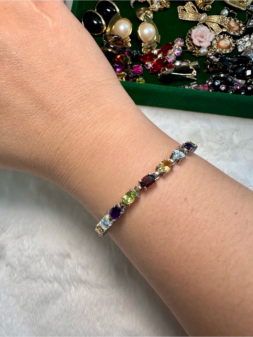 Vintage Sterling Silver 925 Multicolor Gemstone Tennis Bracelet